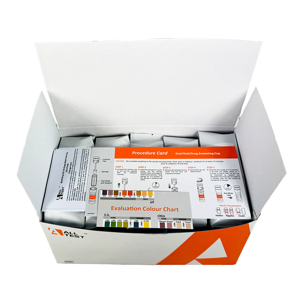 Open box containing medical test devices with a procedure card and color chart on a white background for workplace drug testing.