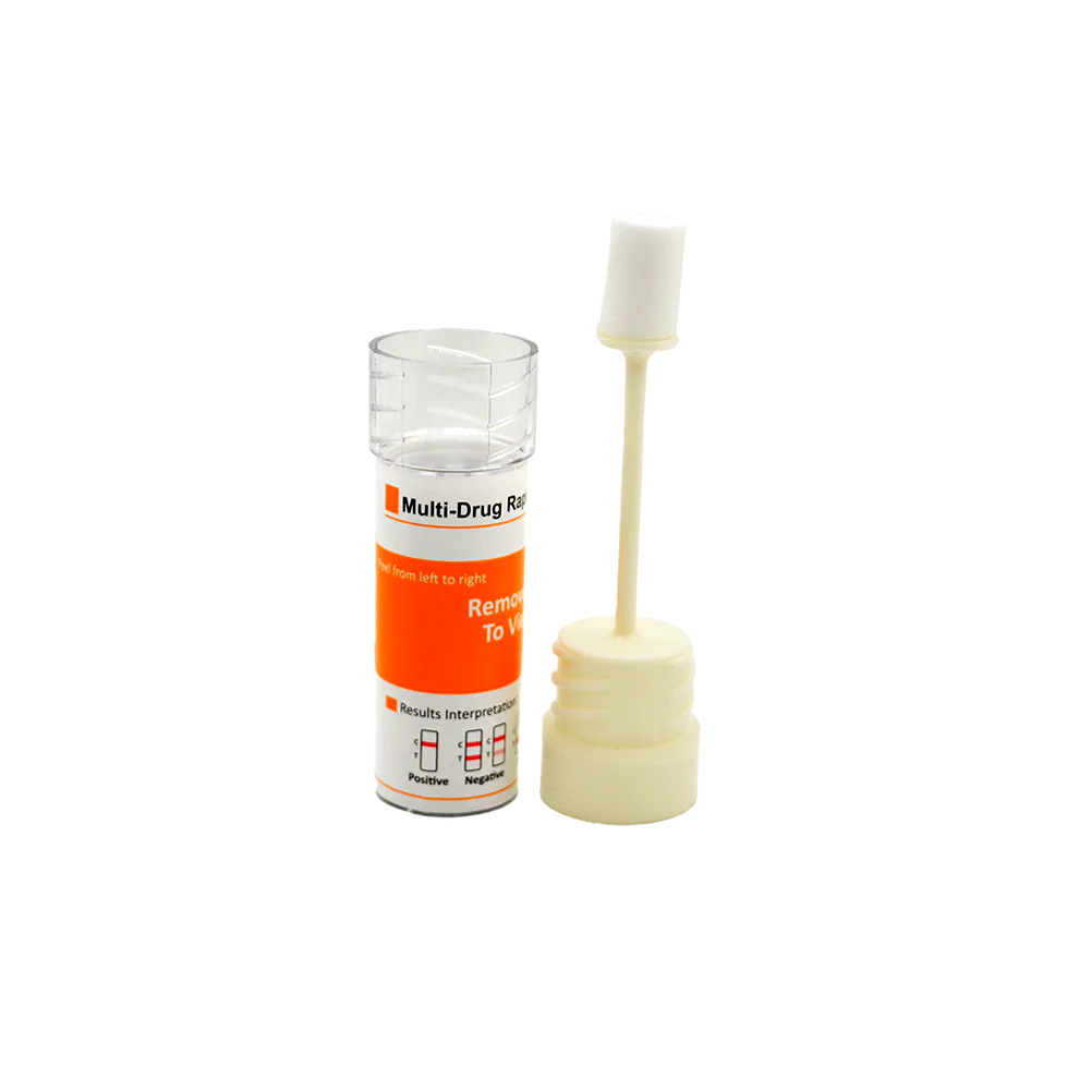 Drug test kit with a vial and swab on a white background
