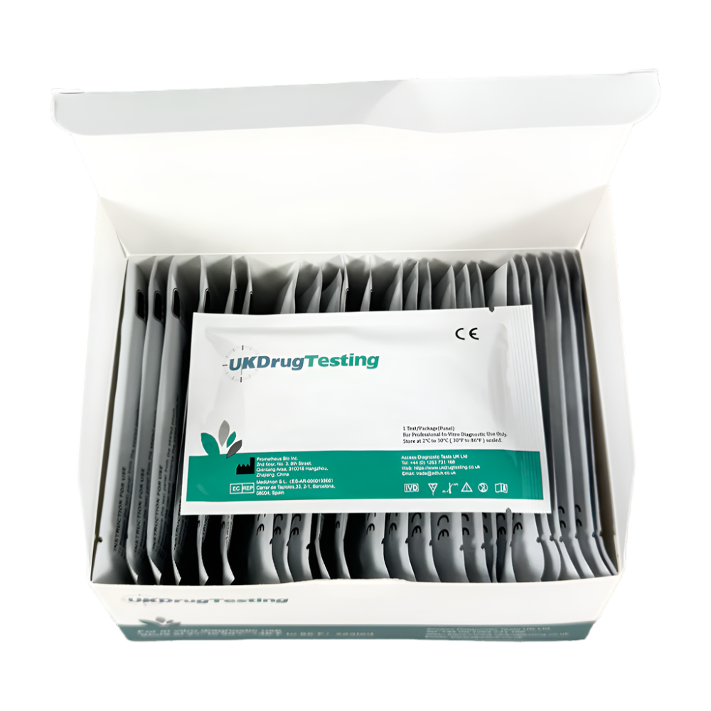 Packaging of UKDrugTesting 4 Panel Ultra Urine Drug Test Kit with control and result lines, foil wrapping, and branding.