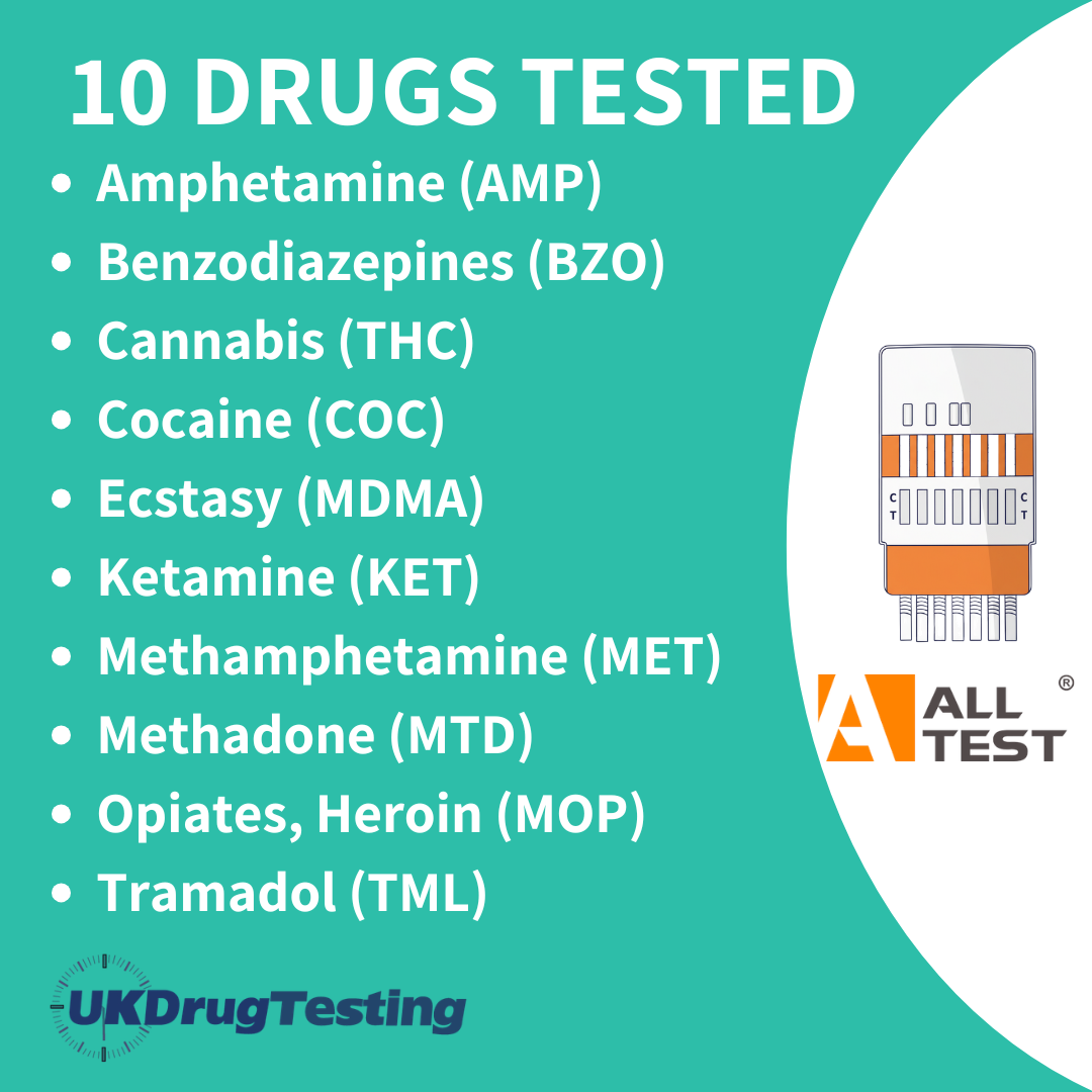 ALLTEST 10 Panel Workplace Urine Drug Test Kit with tramadol & ketamine. Drug List tests for 10 different drugs in the workplace