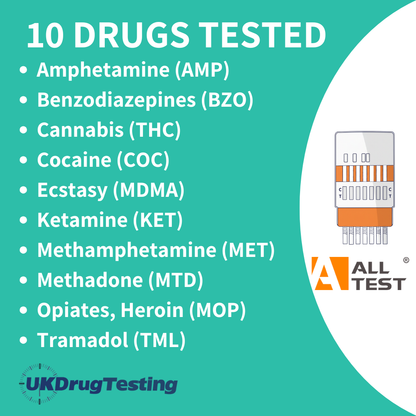 ALLTEST 10 Panel Workplace Urine Drug Test Kit with tramadol & ketamine. Drug List tests for 10 different drugs in the workplace