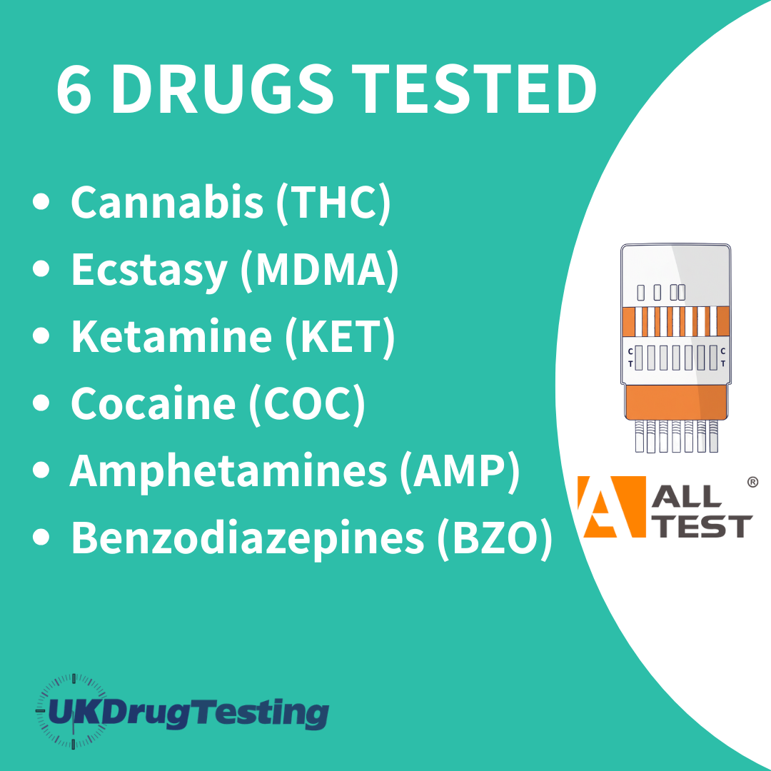 ALLTEST 6 Panel Ultra Sensitive Urine Festival Drug Test Kit Drug List - eco friendly. test for cannabis, ecstasy, ketamine, cocaine, amphetamines & benzos
