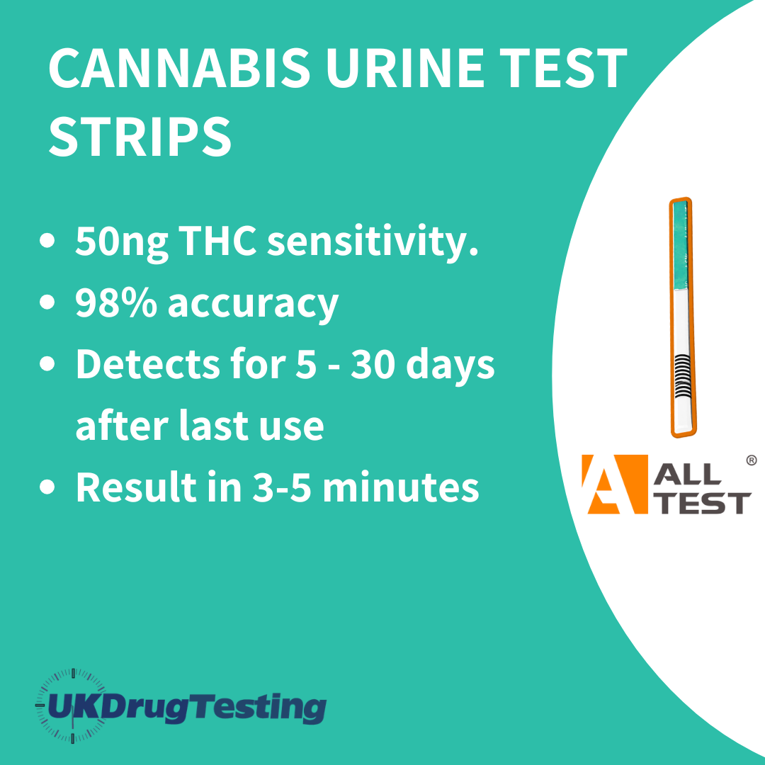 ALLTEST Cannabis THC 50ng Urine Drug Test Strips Info Card: 50ng THC sensitivity.
98% accuracy
Detects for 5 - 30 days after last use
Result in 3-5 minutes