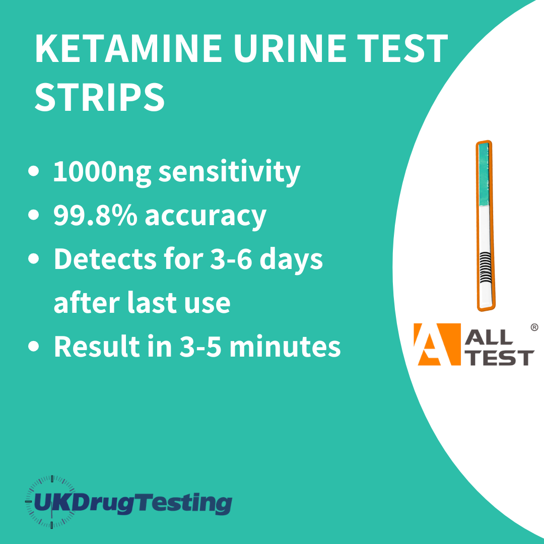ALLTEST Ketamine Urine Drug Test Strips Info Card: 1000ng sensitivity
99.8% accuracy
Detects for 3-6 days after last use
Result in 3-5 minutes
