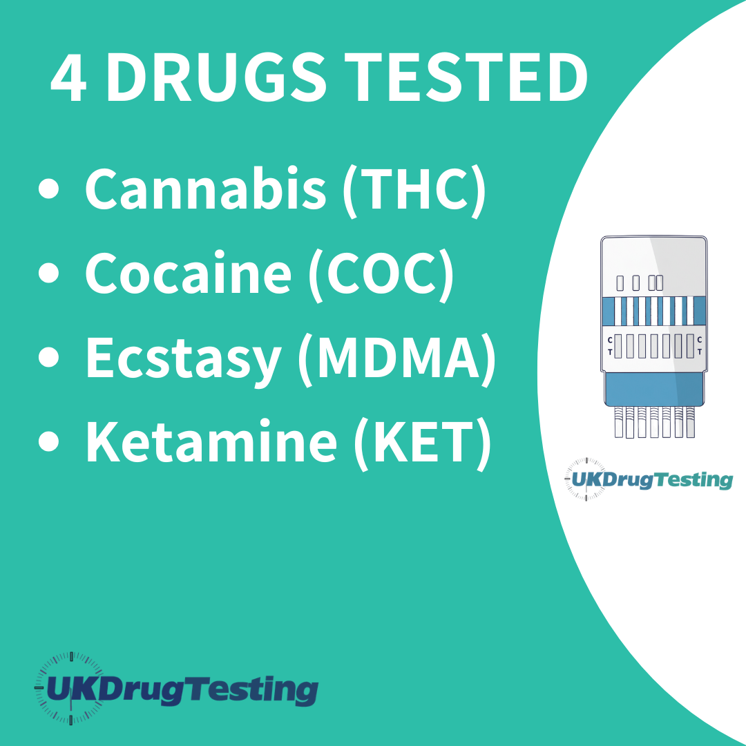 UKDrugTesting 4 Panel Ultra Urine Party Drug Test Kit Drug List. Test for Cannabis, cocaine, ecstasy & ketamine
