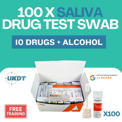 Five boxes of 20 drug test kits with UKDrugTesting and All Test branding. Best for bulk workplace orders of drug & alcohol test kits