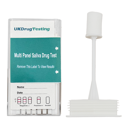 Multi panel saliva drug test with packaging and swab on a white background