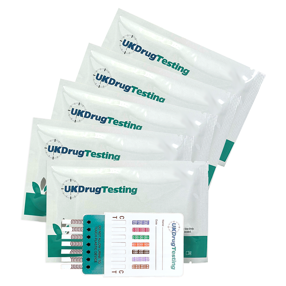 Five UK Drug Testing kits on a white background