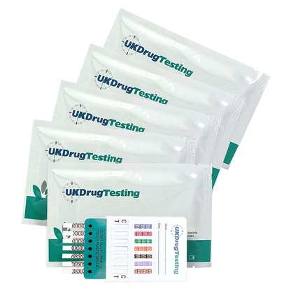 Five UK Drug Testing kits on a white background